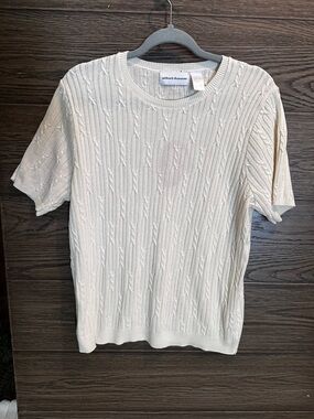 Alfred Dunner Cream Cable Knit Short-Sleeve Sweater